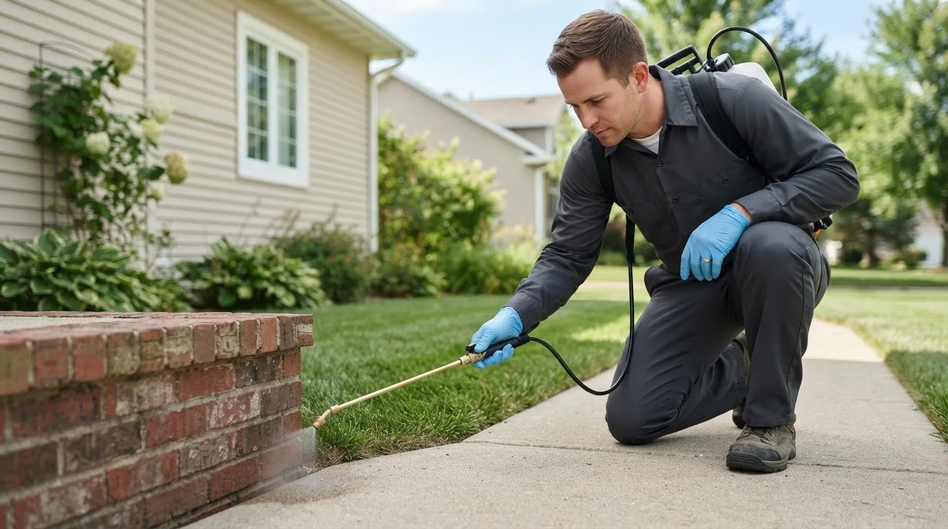 Pest control technician treating a home near Popejoy, IA