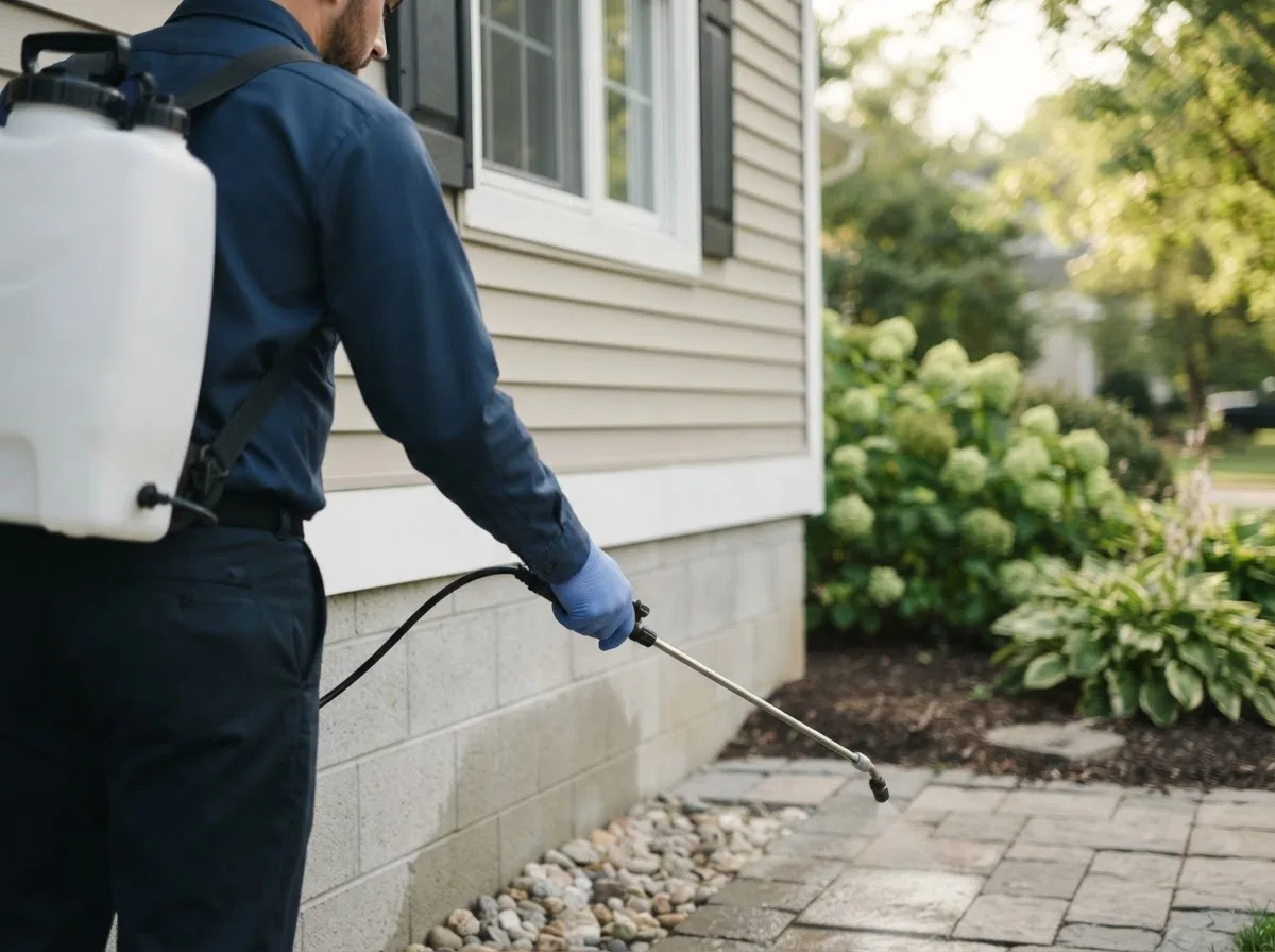 Pest control technician inspecting a home in Popejoy, IA